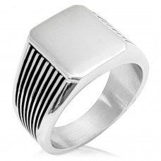 Two-Tone Stainless Steel Needle Stripe Pattern Biker Style Polished Ring